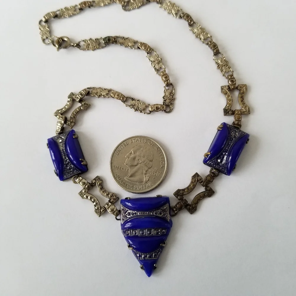 Relisted-Vintage Art Deco necklace blue glass silver tone choker - Picture 9 of 17